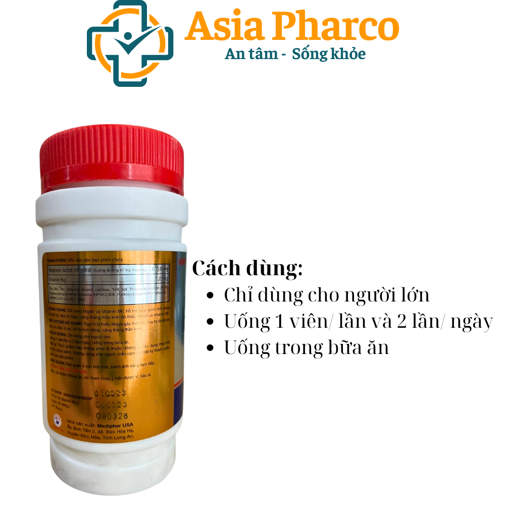Viên uống magie, vitamin B6 giảm suy nhược thần kinh, căng thẳng, đau cơ bắp, chuột rút - 120 viên