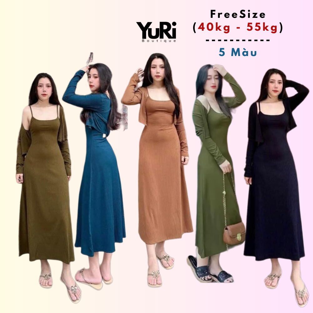 Set đầm maxi 2 dây dáng dài và áo khoác thun gân