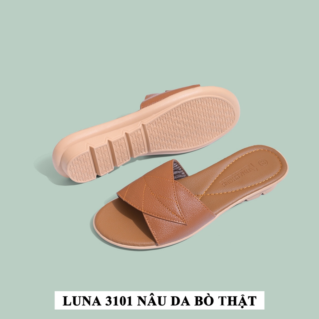 Dép quai ngang nữ 2p da bò mềm thêu lá LUNASHOES 6501 êm chân tiện lợi bảo hành lên tới 2 năm lỗi 1 đổi 1