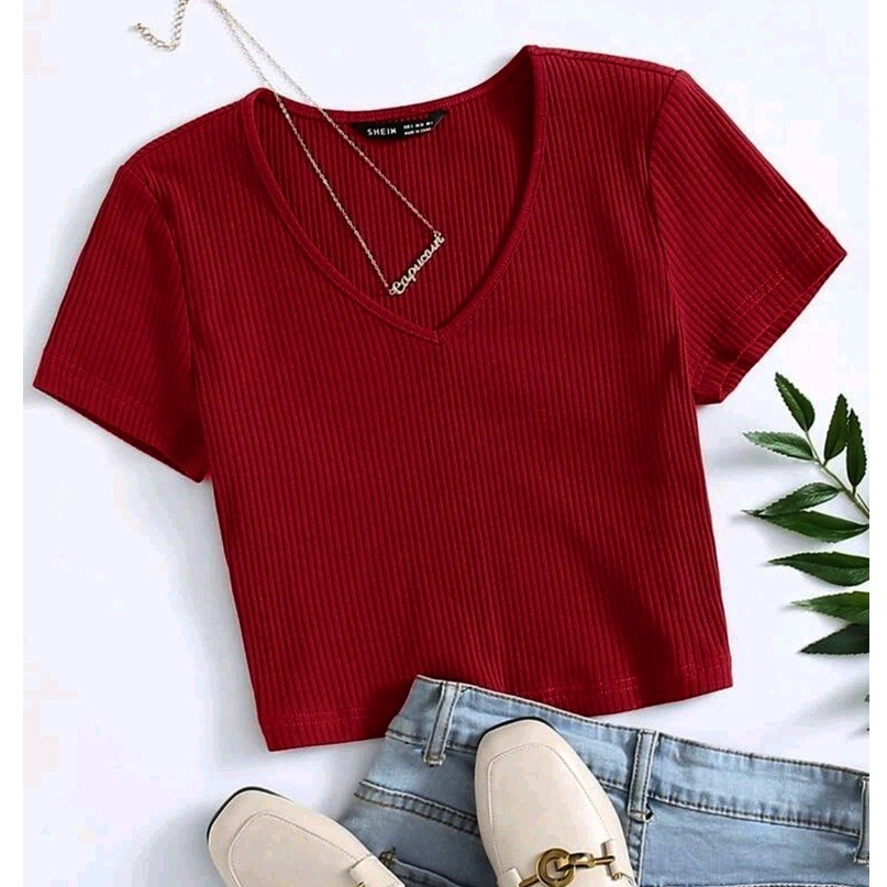 Áo thun croptop nữ cổ tim from ôm chất thun co dãn thoáng mát vải mềm mịn