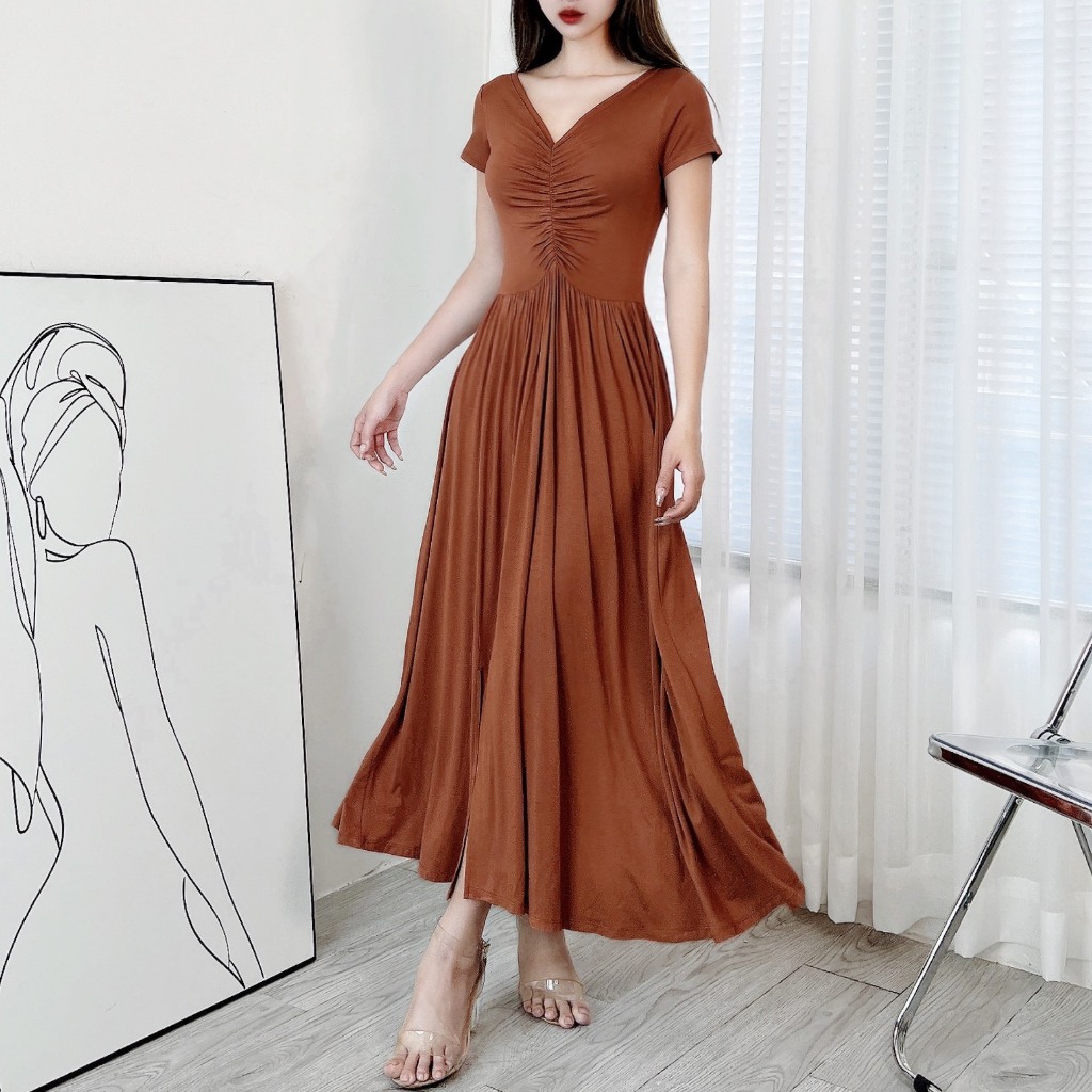 Đầm Trơn Nữ Tay Ngắn Dáng Xòe Phối Nhún Có Xẻ 3 Màu Thanh Lịch MIMIX DQ5170