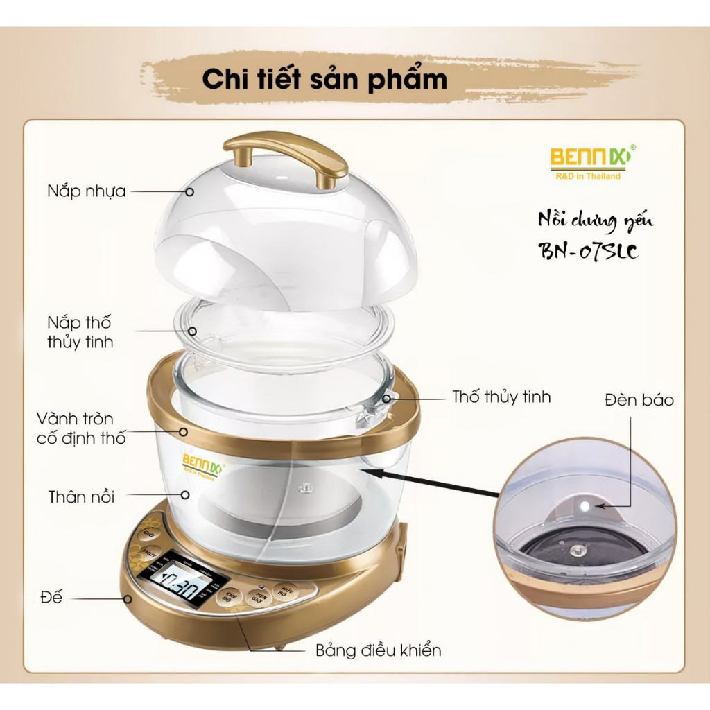 Máy Chưng Yến Cách Thủy Bennix BN-07SLC, Nồi Tiềm Hầm Chưng Yến Nấu Cháo Chậm Thố Thủy Tinh Cao Cấp 0.7L