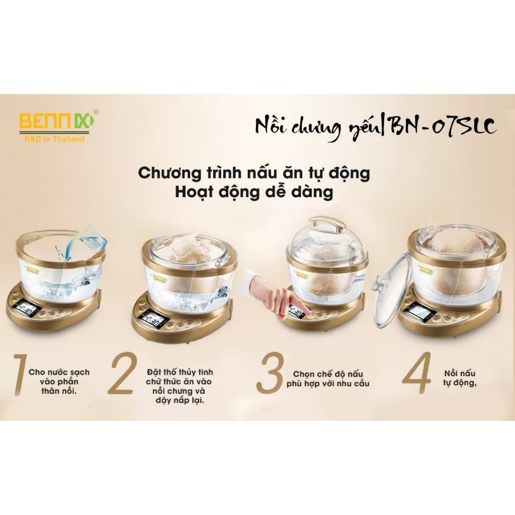 Máy Chưng Yến Cách Thủy Bennix BN-07SLC, Nồi Tiềm Hầm Chưng Yến Nấu Cháo Chậm Thố Thủy Tinh Cao Cấp 0.7L
