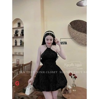 Váy đầm nữ thiết kế đi tiệc, đầm gấm xoè cổ yếm cột dây hở lưng đính nơ sau 3 màu dự tiệc sang chảnh dx