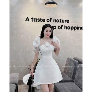 Đầm tiểu thư nữ, đầm xoè tapda chữ A cổ vuông tay phồng chéo cổ đính bông đi tiệc sang chảnh, đầm dạ hội quyến rũ