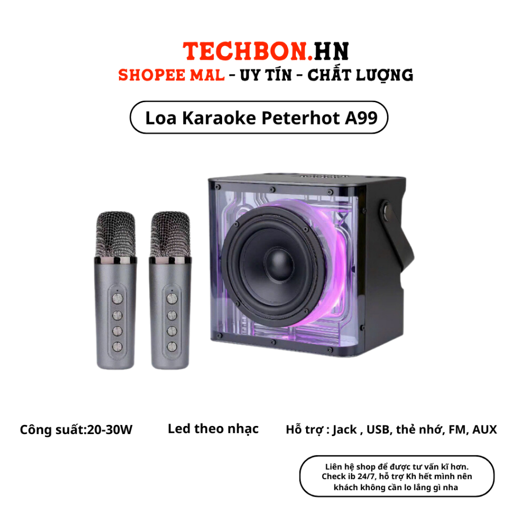 Loa Karaoke Bluetooth Peterhot A99 Âm Thanh Siêu Đỉnh Thiết Kế Cực Đẹp Kèm 2 Micro Đèn LED Nháy Theo Nhạc TECHHIGH