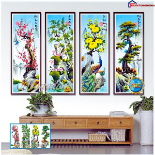 Tranh đính đá, tranh thêu chữ thập tứ quý tùng cúc trúc mai LV340 LV3262 Y8196 (1m36 x 90cm)