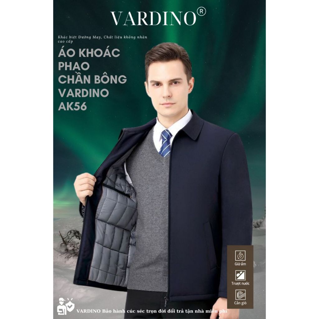 Áo khoác cho bố có lót phao VARDINO cực ấm vải nhẹ cao cấp có 2 túi trong dáng suông và séc chống kẹt AK56, AK57