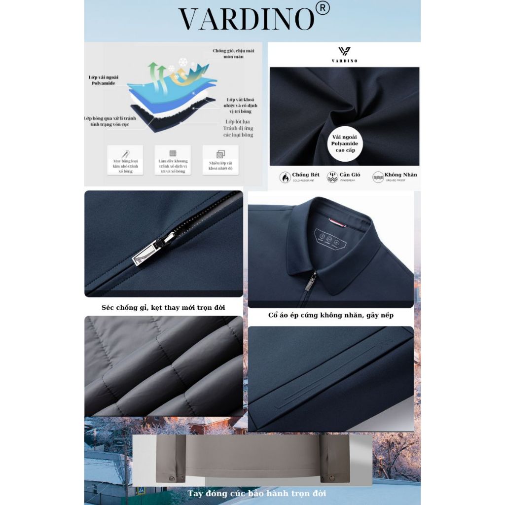 Áo khoác cho bố có lót phao VARDINO cực ấm vải nhẹ cao cấp có 2 túi trong dáng suông và séc chống kẹt AK56, AK57