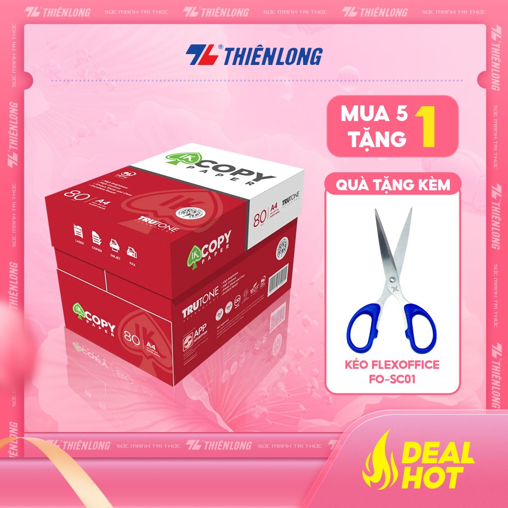 Combo 5 ream Giấy in A4, giấy photo IK Copy 80gsm độ dày cao, đều màu không gợn sóng, không xơ xước và không tách lớp