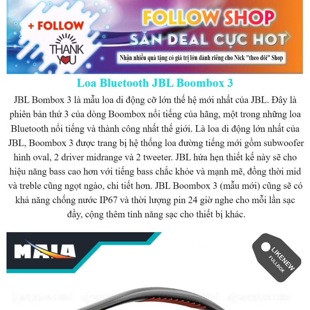 Loa Bluetooth JBL Boombox 3 - Loa Nghe Nhạc Âm Thanh Siêu Bass Cực Mạnh Chống Nước IPX7.