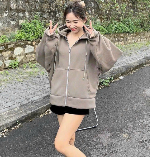 Áo khoác hoodie nỉ nón to, áo khoác nữ nỉ bông khoá kéo phom to mặc thu đông G412