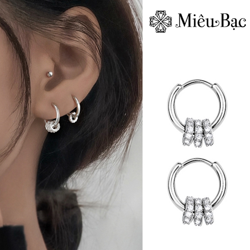 Bông tai bạc nữ Miêu Bạc khuyên tai tròn mix vòng tròn nhỏ đính đá 1 chiếc bạc 925 phụ kiện thời trang trang sức nữ MB52