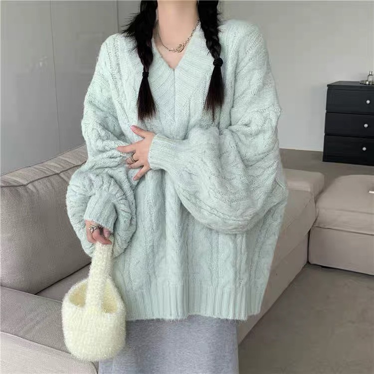 Áo len nữ cổ tim dài tay form rộng vặn thừng dệt kim quảng châu dày dặn basic nhiều màu thời trang thu đông hàn quốc