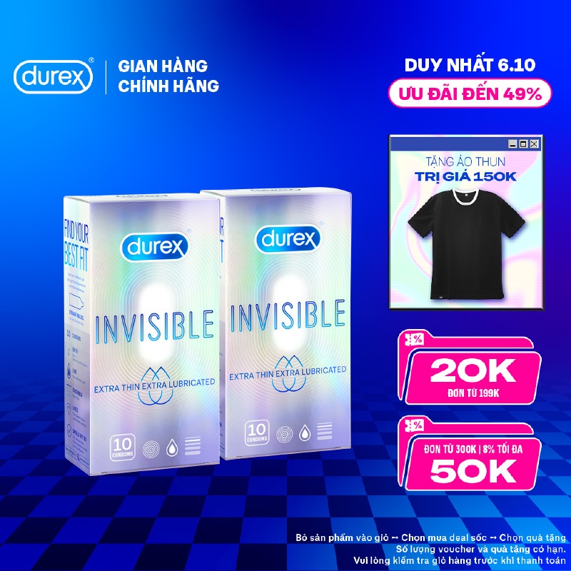 Bộ 2 hộp bao cao su Durex Invisible Lubricated siêu mỏng, bôi trơn (size 52mm, 10 bao/hộp)