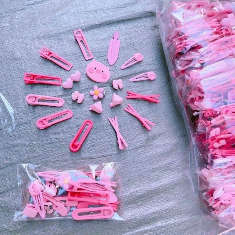 Set Kẹp tóc mái 19 chi tiết hình lợn màu hồng dễ thương cho bạn gái