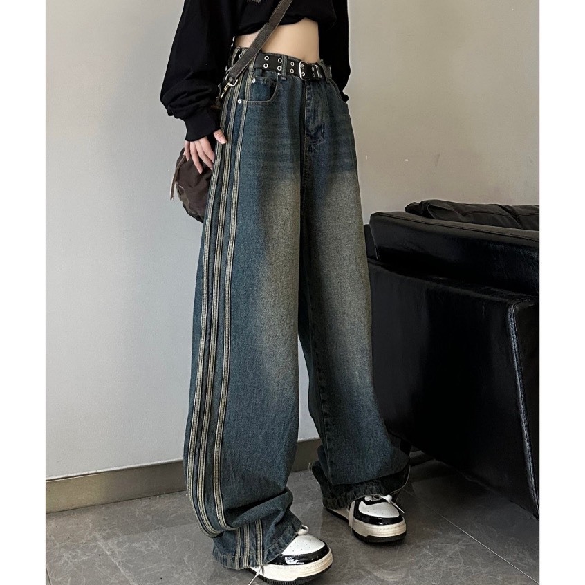 Quần Jeans ống rộng ULZZANG màu wash phối KẺ SỌC phong cách đường phố UNISEX - 247store.vn - QuanjeanJ707_P0K48