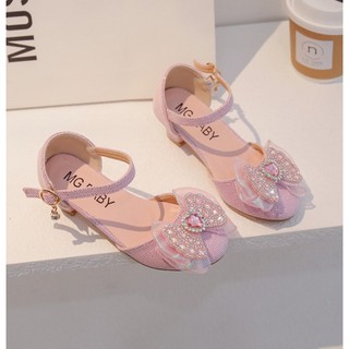 Giày công chúa đính nơ pha lê cao gót cho bé gái, giày sandal khiêu vũ size 26-35