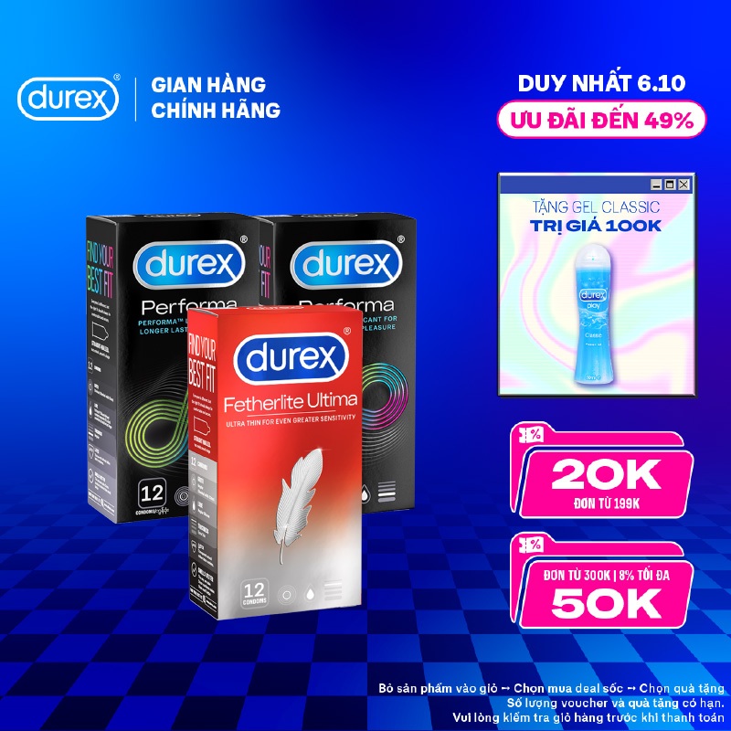 Bộ 2 bao cao su Durex Performa kéo dài thời gian và 1 Durex Durex Fetherlite Ultima siêu mỏng (size 52mm, hộp 12 bao)