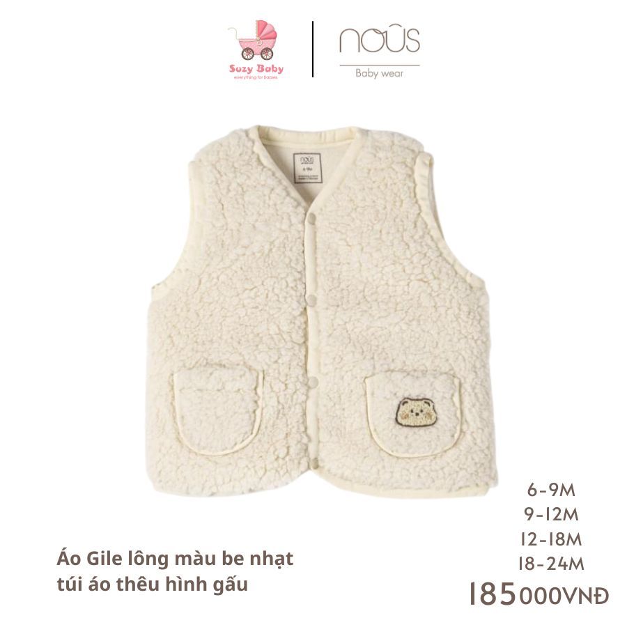Áo Gile Nous lông màu be nhạt túi áo thêu hình gấu