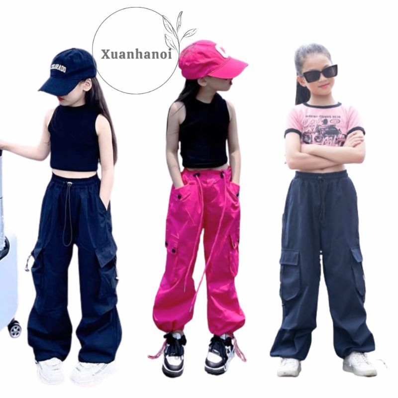 Quần kaki túi hộp bo gấu cho bé gái phong cách hip hop 3 mầu 20-45kg XHN1441