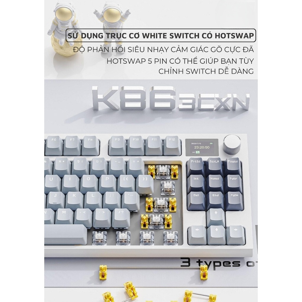 Bàn Phím Cơ Không Dây Bluetooth Ziyou K86 LED RGB APP MARCO Có Núm Xoay HOTSWAP 5 Pin Lót Foam