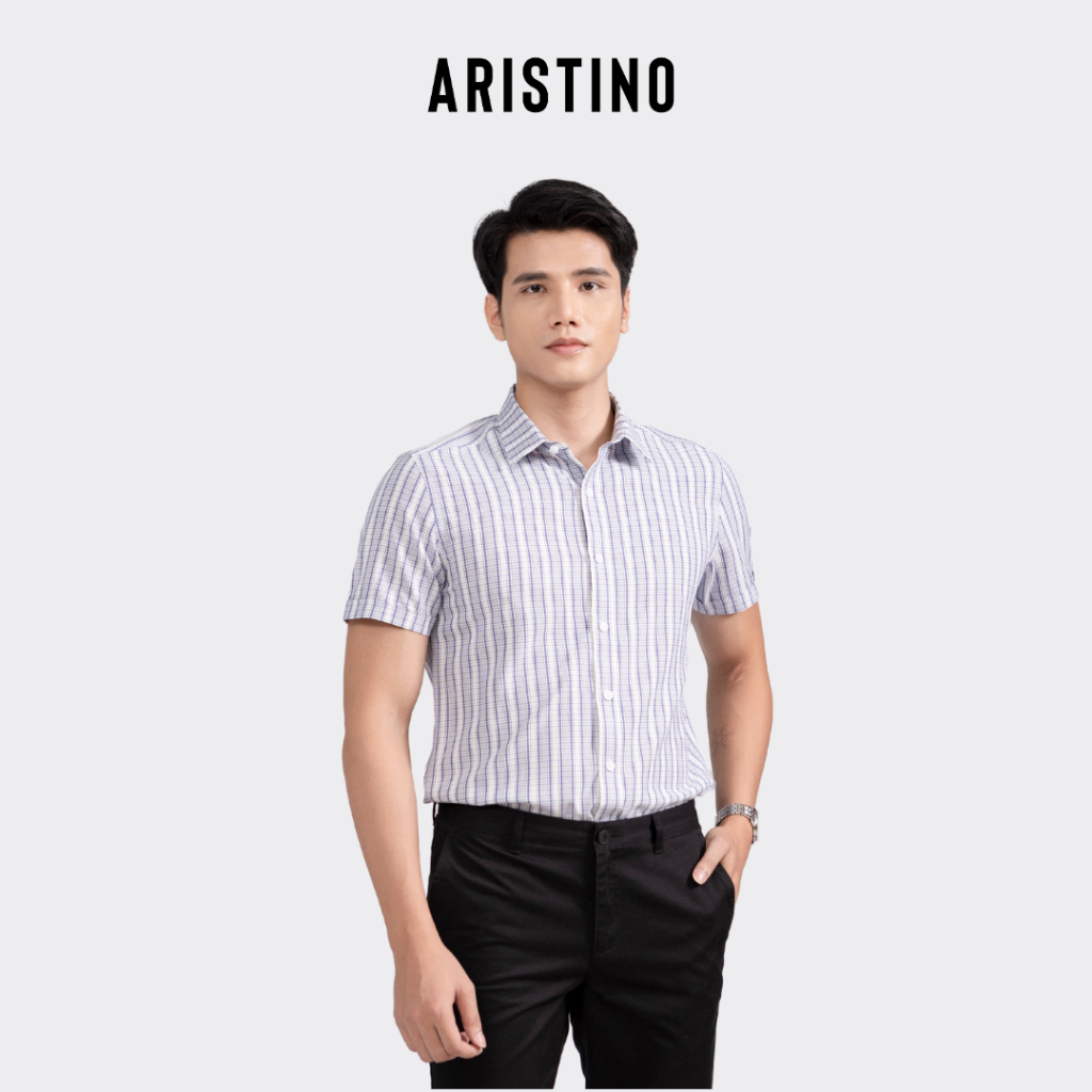 Áo sơ mi nam ngắn tay ARISTINO phom Slim Fit ôm, màu trắng kẻ xanh tím than nam tính, lịch lãm - ASS069S2