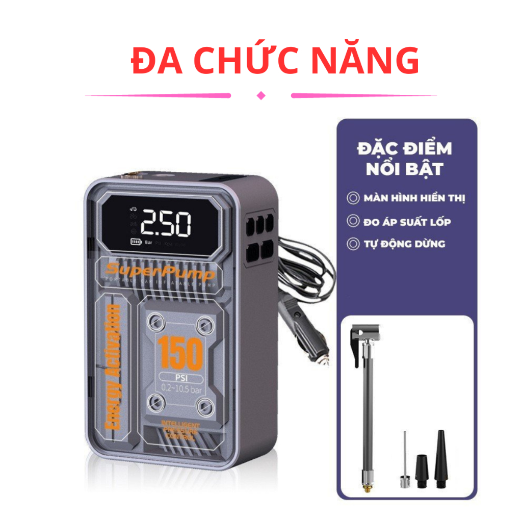 Máy bơm lốp ,máy bơm hơi ô tô điện tử không dây 3 chức năng bơm hơi , sạc dự phòng ,đèn pin , Máy bơm hơi bảo hành 12 tg