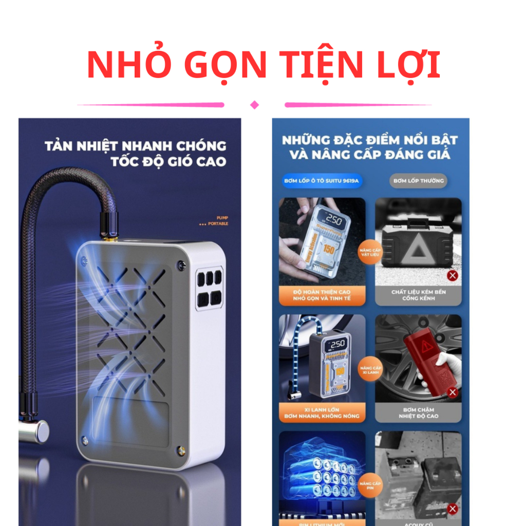 Máy bơm lốp ,máy bơm hơi ô tô điện tử không dây 3 chức năng bơm hơi , sạc dự phòng ,đèn pin , Máy bơm hơi bảo hành 12 tg