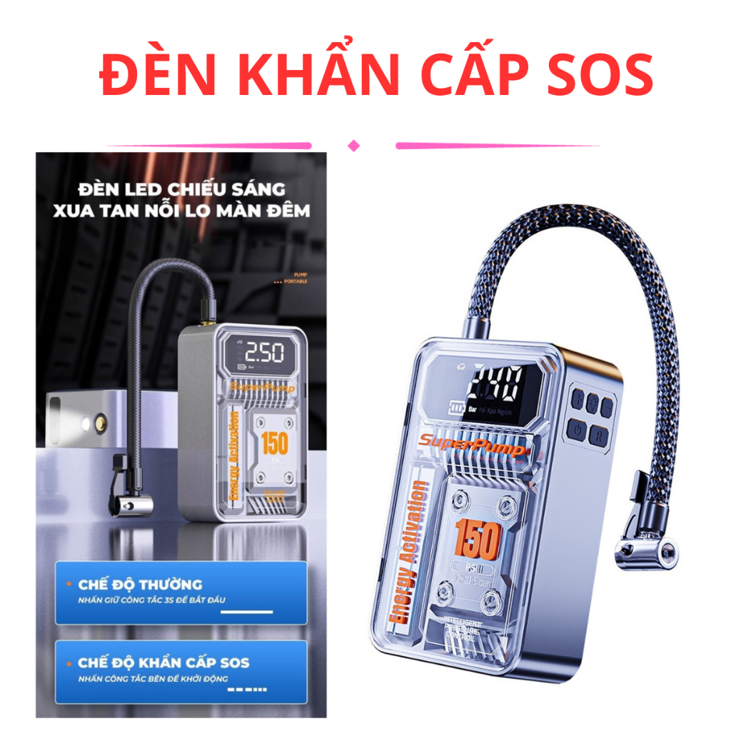 Máy bơm lốp ,máy bơm hơi ô tô điện tử không dây 3 chức năng bơm hơi , sạc dự phòng ,đèn pin , Máy bơm hơi bảo hành 12 tg