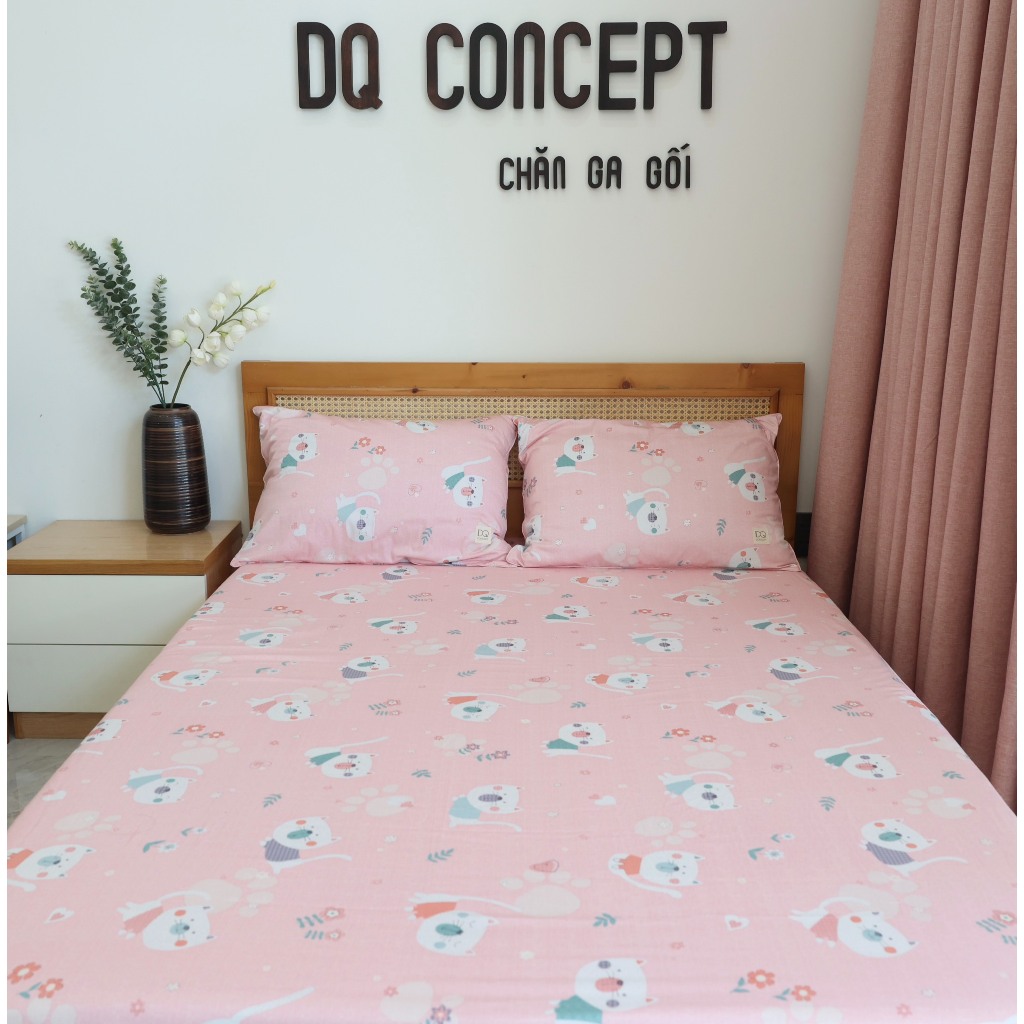 {trọn bộ hoặc đặt lẻ} GA GỐI COTTON LỤA HÀN QUỐC/ mèo hồng