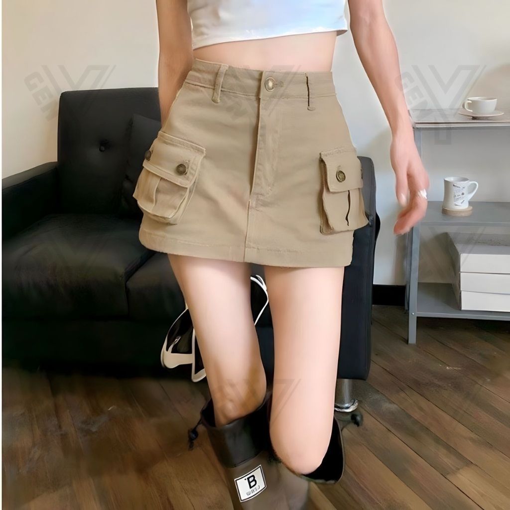 Chân váy chữ A cạp cao phối túi hộp 2 bên GenY, Chân váy ngắn ôm body chất kaki dày dặn có lót quần bên trong -CV11-