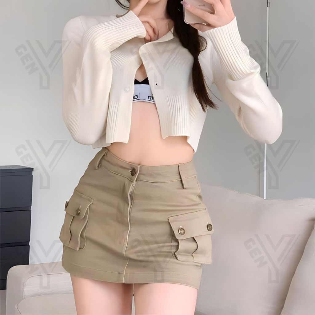 Chân váy chữ A cạp cao phối túi hộp 2 bên GenY, Chân váy ngắn ôm body chất kaki dày dặn có lót quần bên trong -CV11-