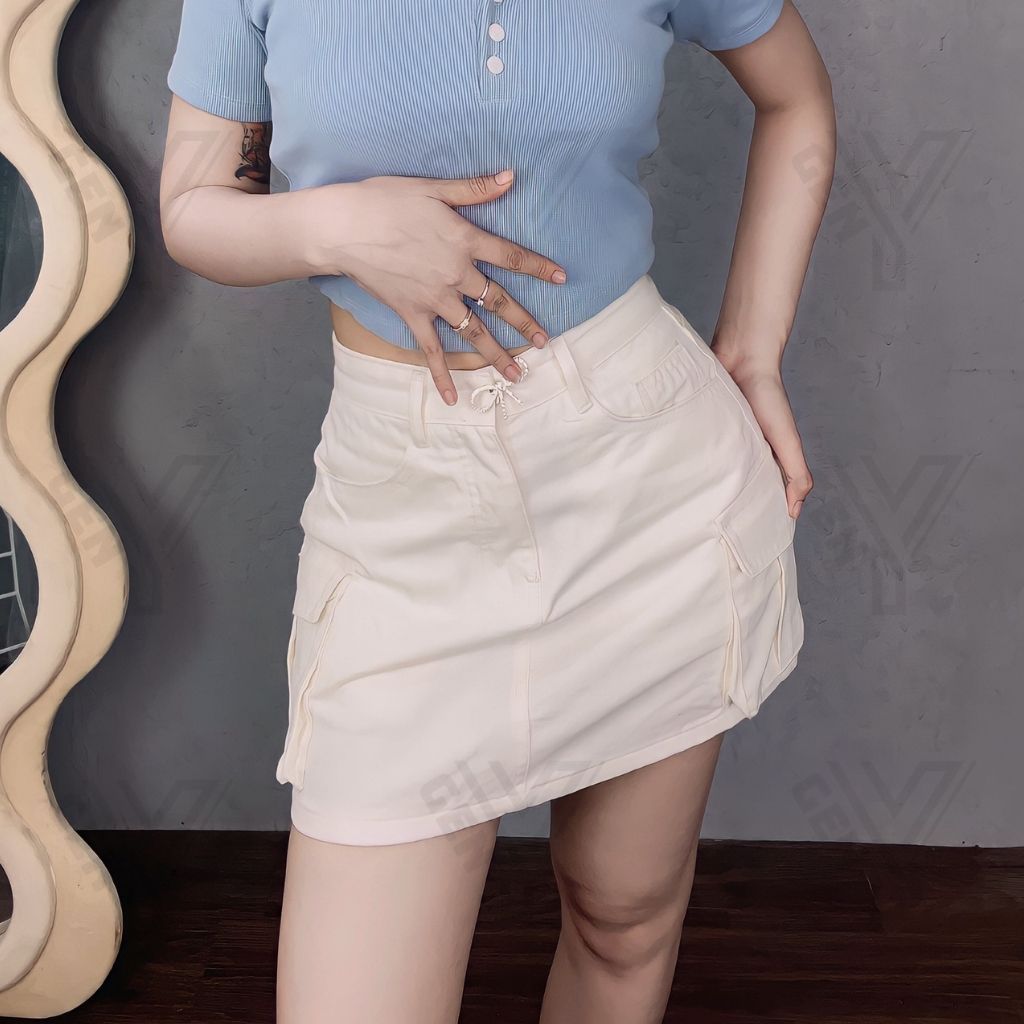 Chân váy chữ A cạp cao phối túi hộp 2 bên GenY, Chân váy ngắn ôm body chất kaki dày dặn có lót quần bên trong -CV11-