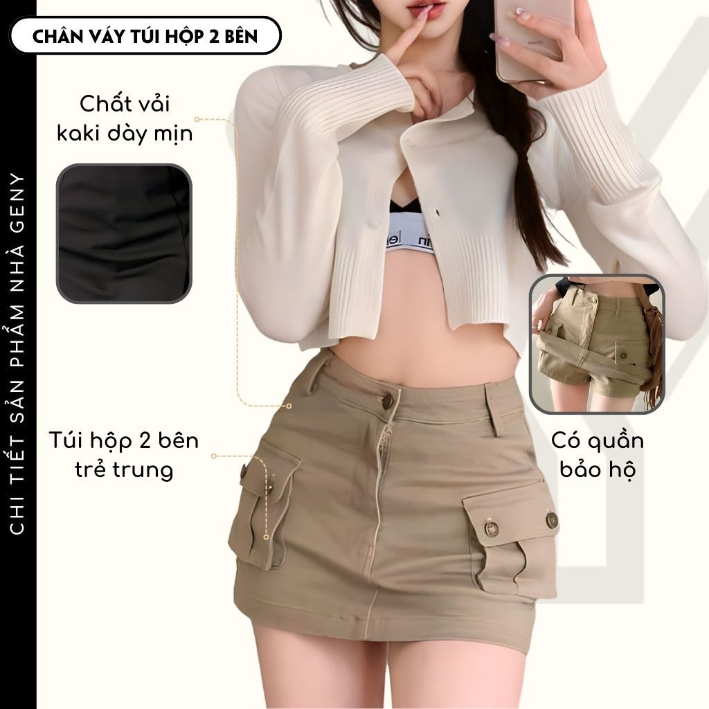 Chân váy chữ A cạp cao phối túi hộp 2 bên GenY, Chân váy ngắn ôm body chất kaki dày dặn có lót quần bên trong -CV11-