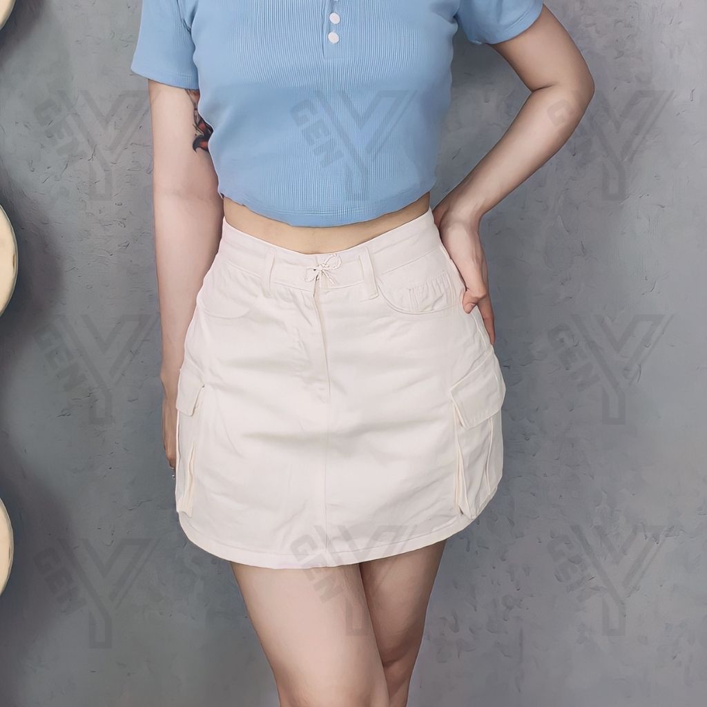 Chân váy chữ A cạp cao phối túi hộp 2 bên GenY, Chân váy ngắn ôm body chất kaki dày dặn có lót quần bên trong -CV11-