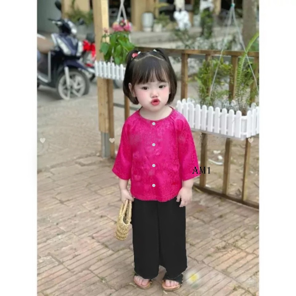 Áo bà ba tay lỡ vải gấm lụa TB371 và Quần dài cho bé gái TB372