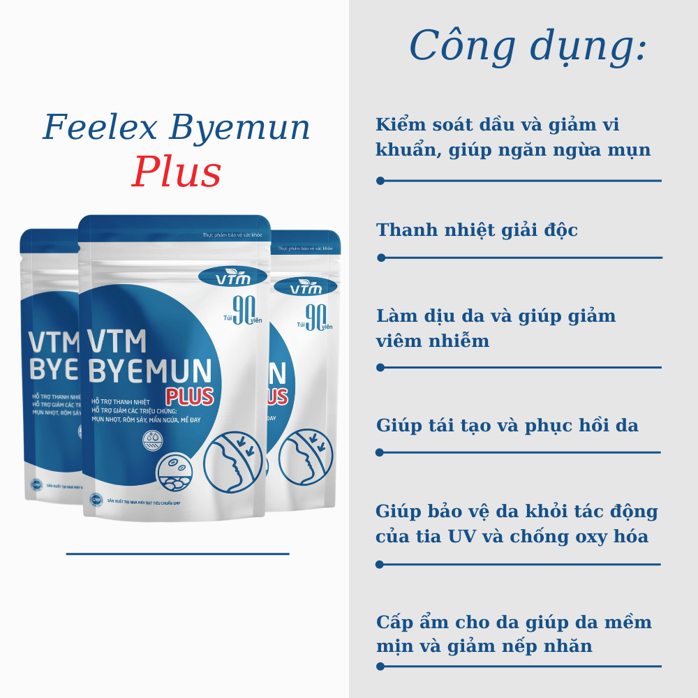 Viên uống VTM Byemun Plus hỗ trợ thanh nhiệt giải độc, giảm triệu chứng mụn, rôm sẩy, mẩn ngứa, mề đay - Gói 90 viên