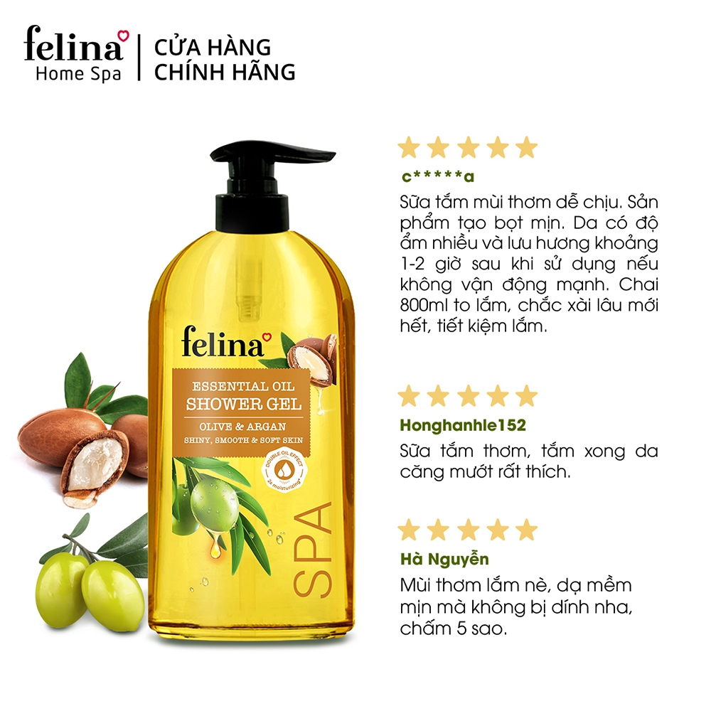 Gel tắm Felina Home Spa 800ml tinh dầu Oliu & Argan Tây Ban Nha dưỡng ẩm, da mềm mịn căng mướt gấp 2 lần