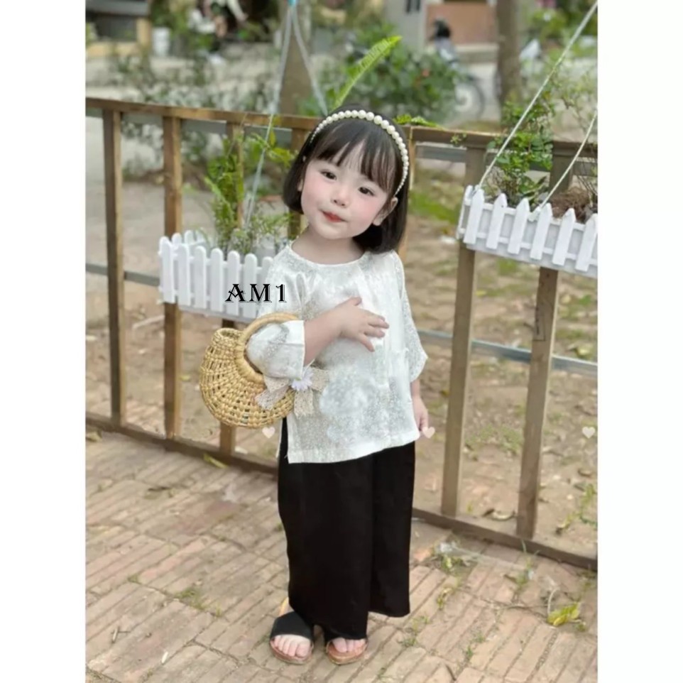 Áo bà ba dài tay vải gấm lụa TTR371 và Quần dài cho bé gái TTR372