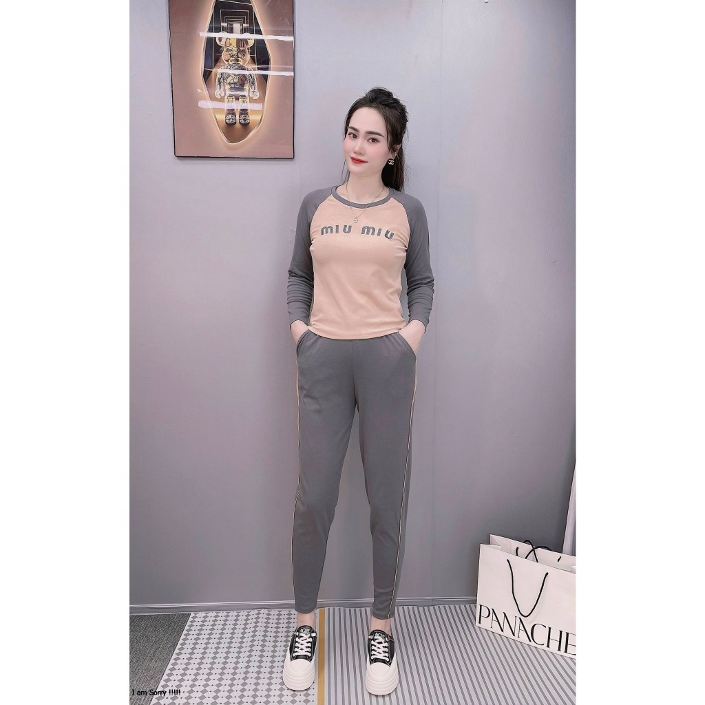 Đồ bộ nữ RINA chất cotton zip co giãn 4 chiều, quần dài tay dài thêu ngực