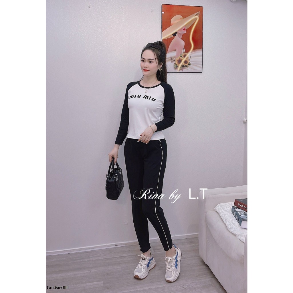 Đồ bộ nữ RINA chất cotton zip co giãn 4 chiều, quần dài tay dài thêu ngực