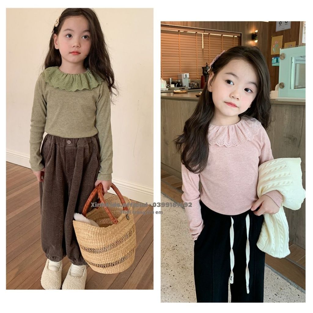 Áo thun bé gái chất len tăm mềm mịn phối ren siêu xinh hàng quảng châu cao cấp, áo thun dài tay cho bé gái