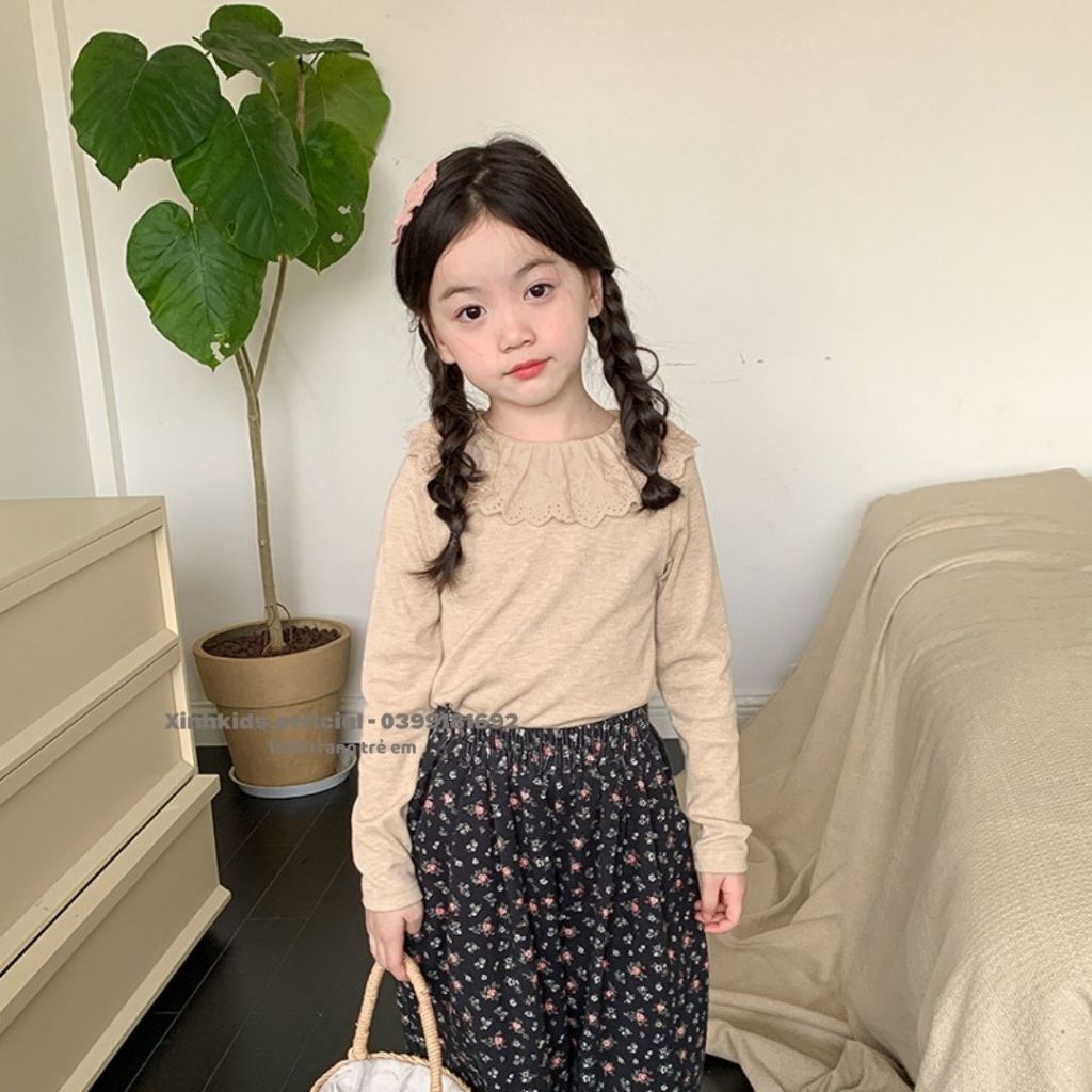 Áo thun bé gái chất len tăm mềm mịn phối ren siêu xinh hàng quảng châu cao cấp, áo thun dài tay cho bé gái