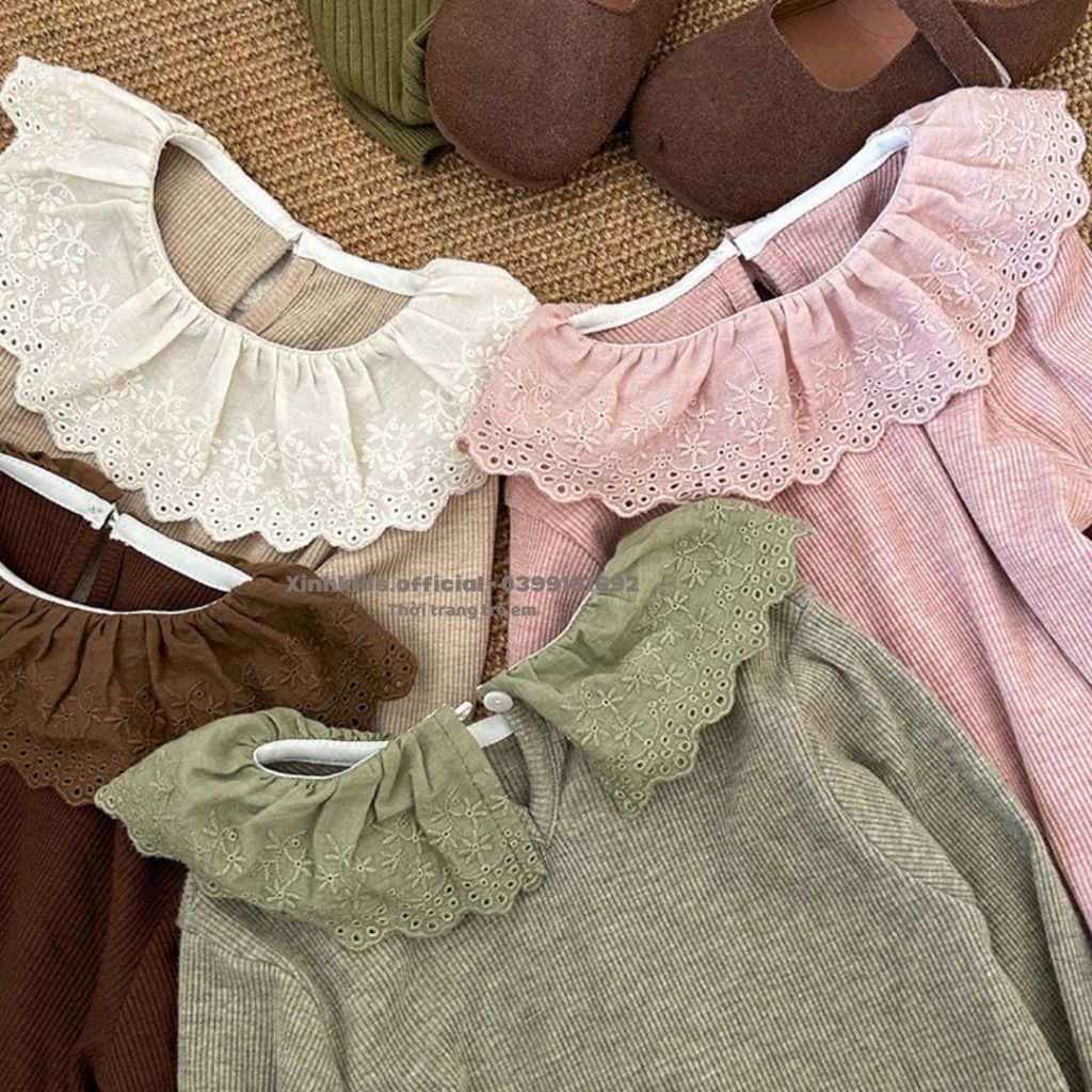 Áo thun bé gái chất len tăm mềm mịn phối ren siêu xinh hàng quảng châu cao cấp, áo thun dài tay cho bé gái