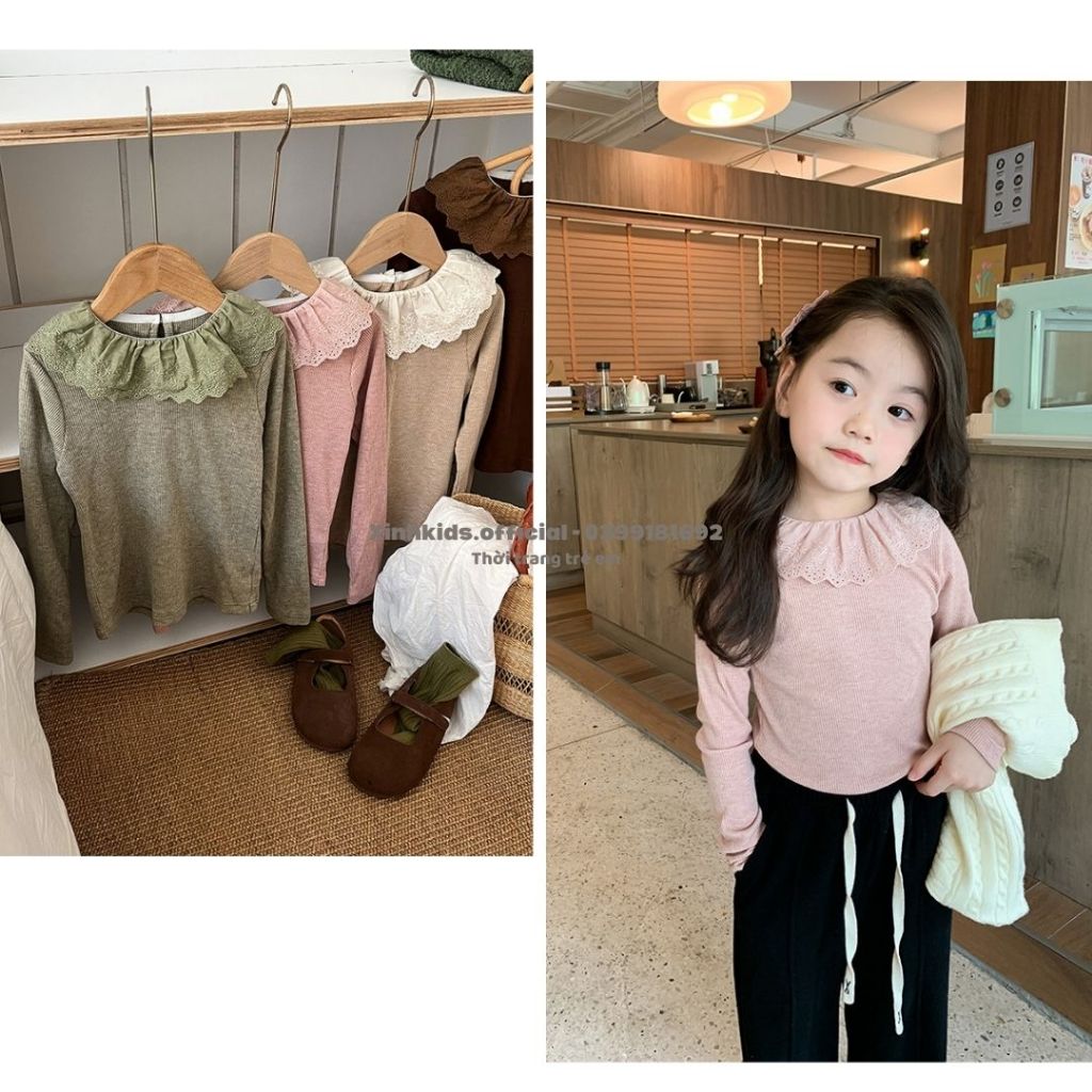 Áo thun bé gái chất len tăm mềm mịn phối ren siêu xinh hàng quảng châu cao cấp, áo thun dài tay cho bé gái
