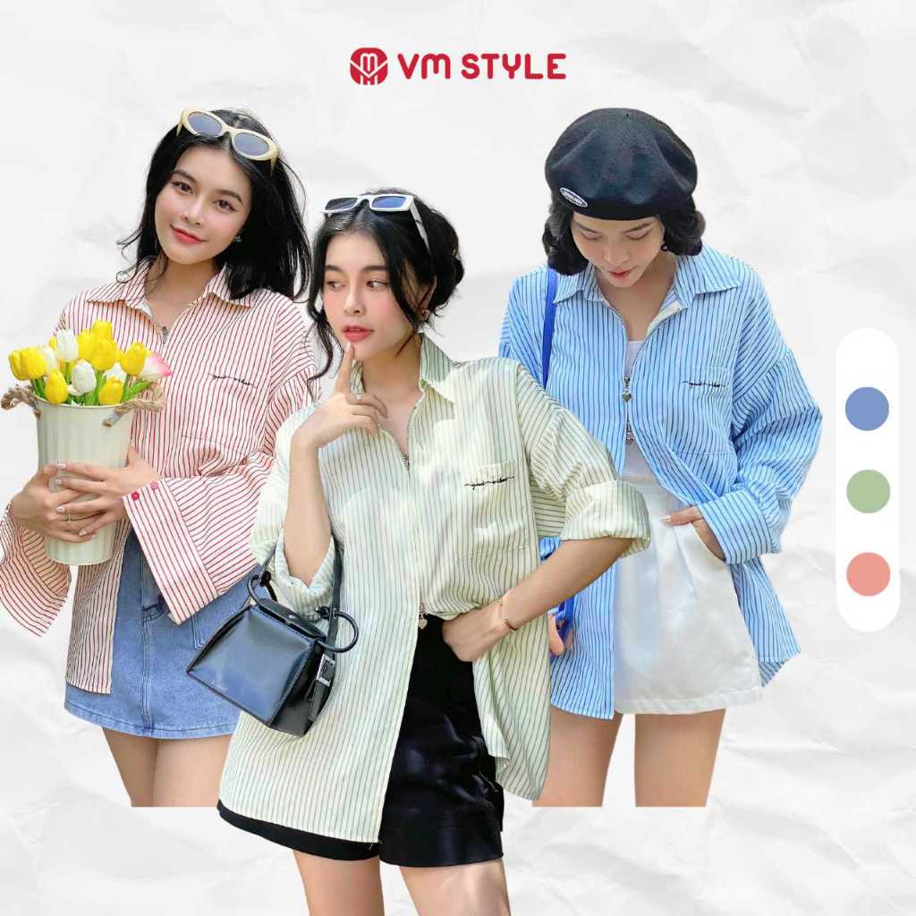 Áo sơ mi nữ VMSTYLE tay dài cổ bẻ sọc túi hộp dây kéo trước form rộng năng động, cá tính đi chơi, dạo phố HU05- SMU00192