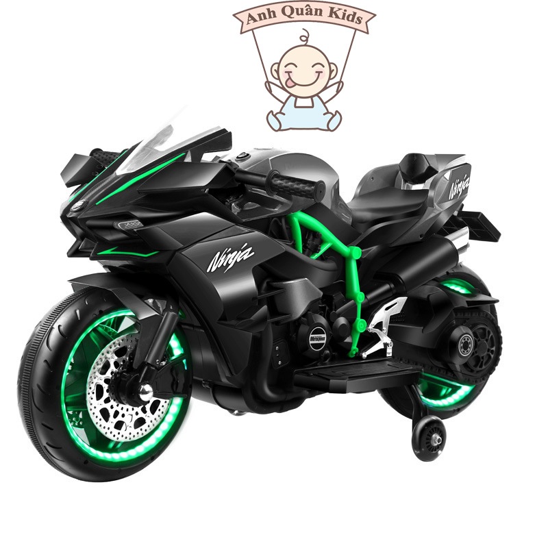 Xe máy điện trẻ em, moto điện có đèn bánh xe có chân gas tự lái cho bé mẫu Ninja H2r