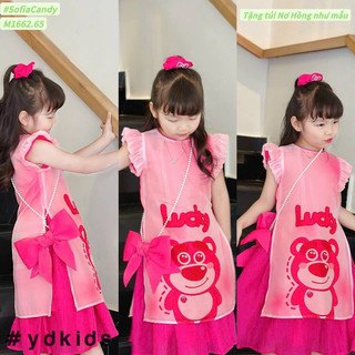 Set áo dài cách tân hồng gấu LOTSO kèm túi ngọc cho bé gái