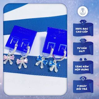 Bông tai cho bé gái Bạc 925 nơ gấu, Khuyên tai nữ trẻ em bạc đính đá nhiều màu kèm hộp đựng - Trang Sức Cao Cấp HVJ